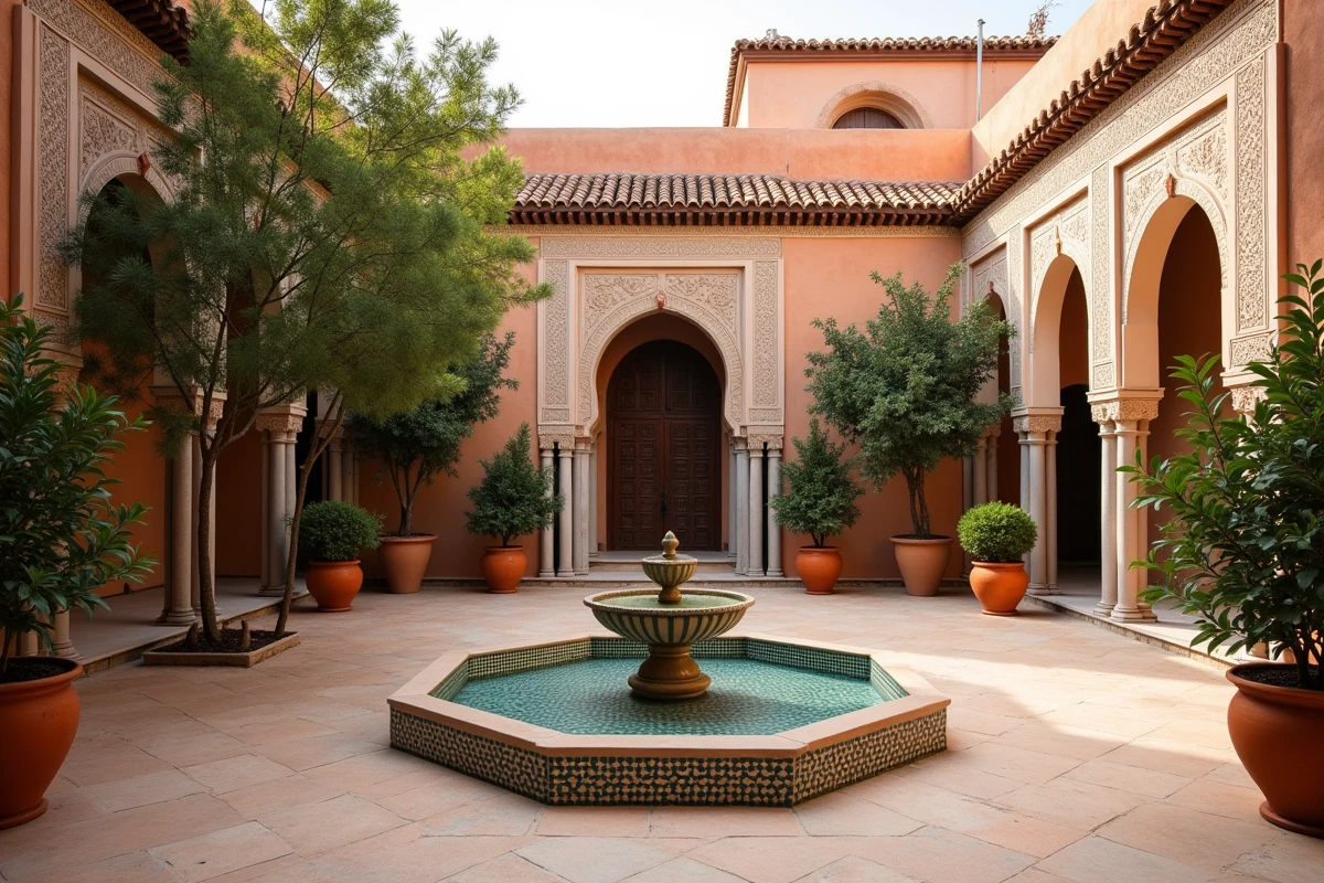 Patio intérieur d'une villa marocaine traditionnelle à Marrakech avec fontaine en zellige et orangers