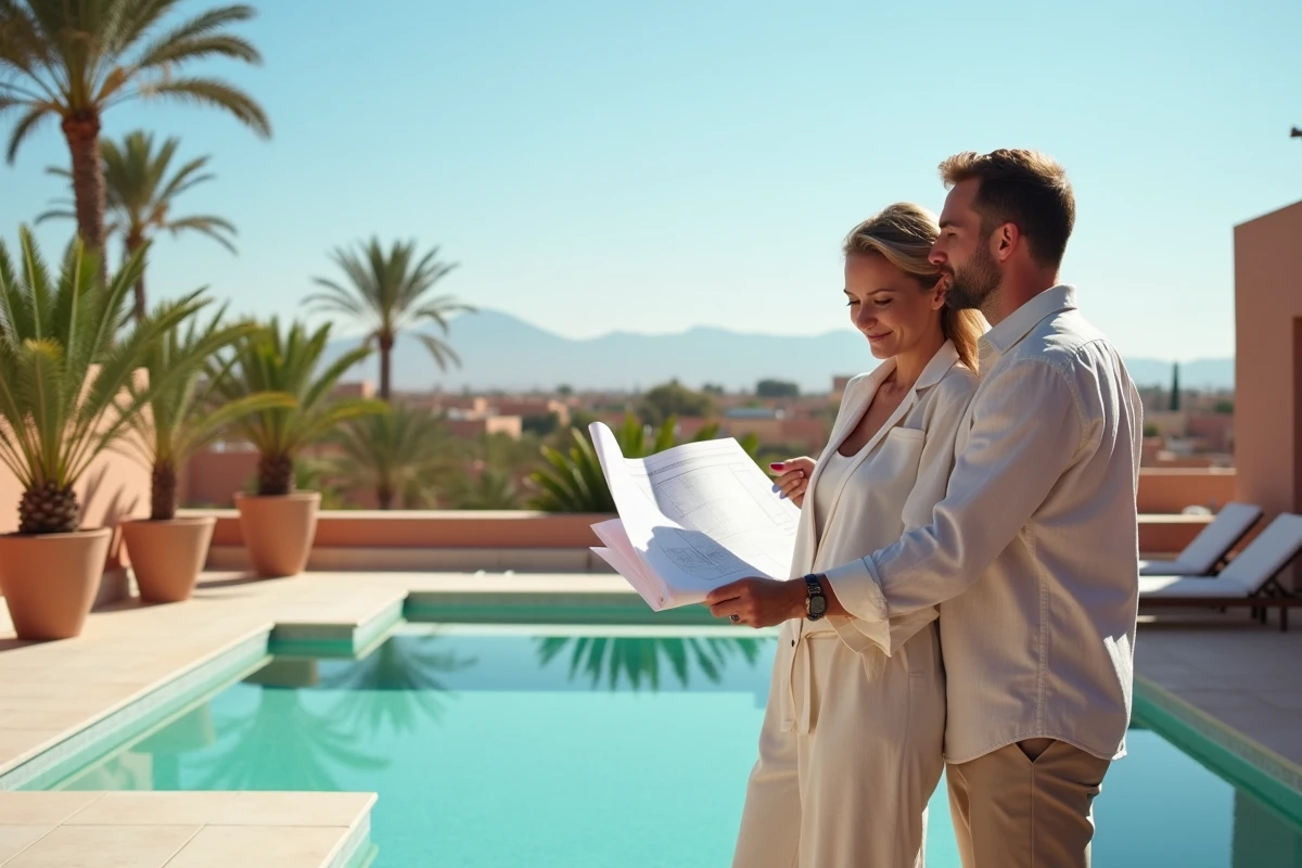 Couple consultant des plans immobiliers sur une terrasse de villa de luxe à Marrakech avec piscine et vue sur l'Atlas