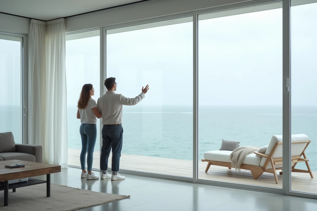 Agent immobilier présentant le salon avec vue panoramique sur la mer à de futurs acheteurs