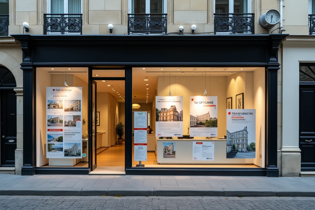 Vitrine d'agence immobilière avec affiches promotionnelles et annonces de défiscalisation en France