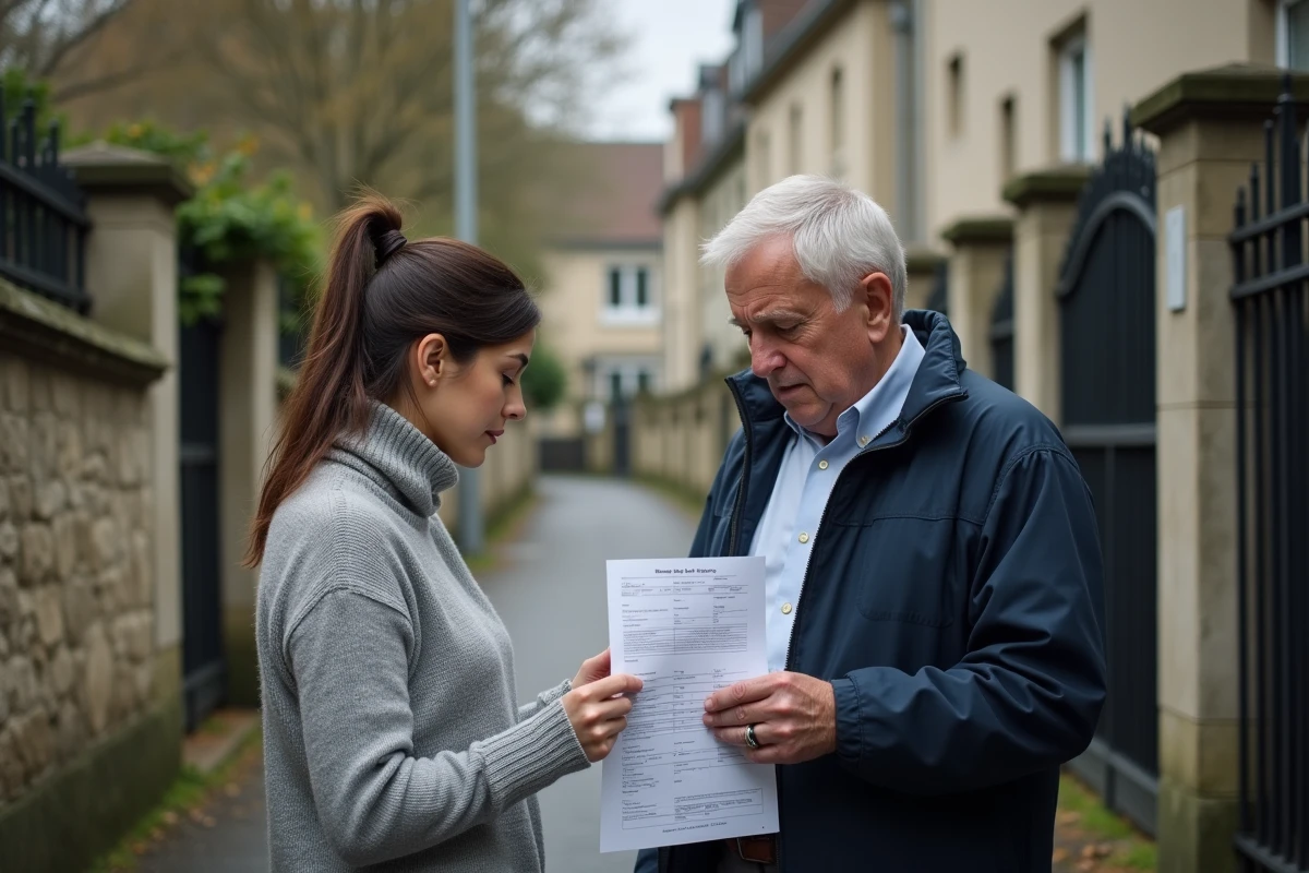 Deux voisins consultant un document de cadastre devant un chemin enclavé entre deux propriétés résidentielles françaises