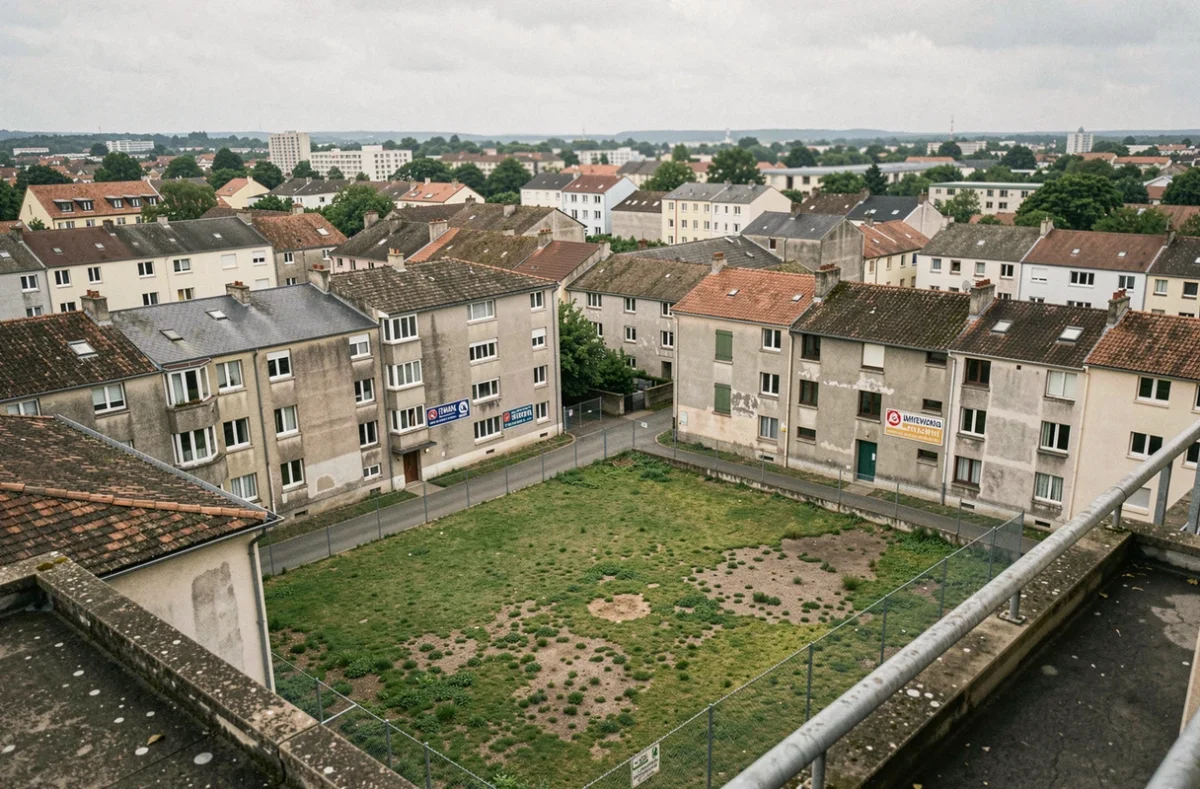 Vue aérienne d'un quartier périphérique de Brive-la-Gaillarde montrant des immeubles HLM et espaces urbains dégradés